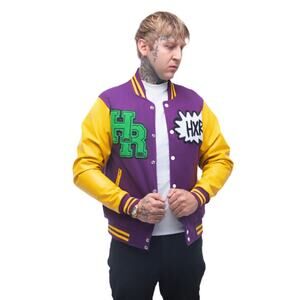 HXR Helmsdale Rugby Varsity Jacket 2XL Purple Yellow Leather Sleeves